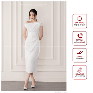 Váy thiết kế cao cấp màu trắng body lệch vai nơ kèm thắt lưng [ Có video + Ảnh thật ] The Shilla - Ditaki-52C2