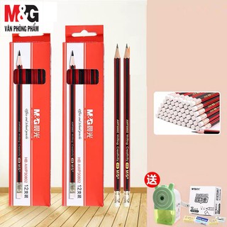 Hộp chì chuốt 2B M&amp;G AWP30876 sọc đỏ đen, có gôm - 12 cây/ hộp