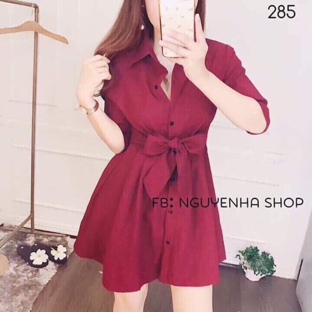 Đầm sơ mi kate xoè cột eo