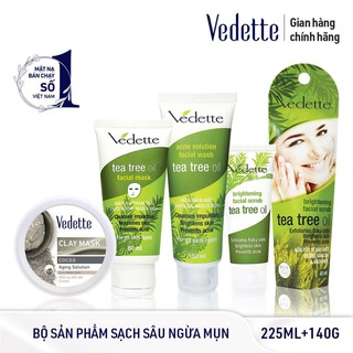 Bộ Sản Phẩm Sạch Sâu Ngừa Mụn VEDETTE - SRM 100ml, TEA TREE 45ml, TEA TREE 80ml &amp; MNĐS BÙN 145g - TPMX010