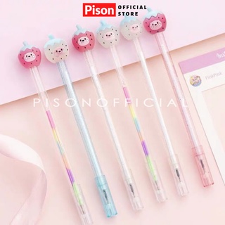 Bút bi nước mực gel hình Dâu tay kim tuyến trong suốt Pison, mực đen ngòi kim 0.38mm - BN029 - 1 cái