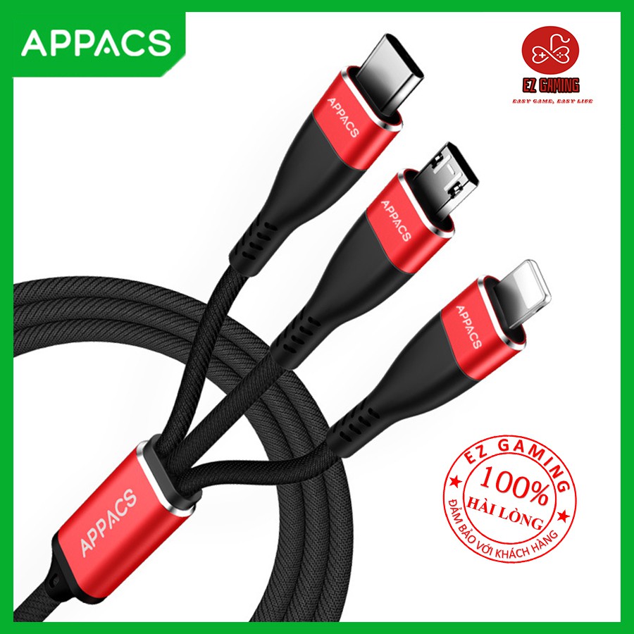 Cáp sạc 3 đầu APPACS IP,micro USB,USB Type C
