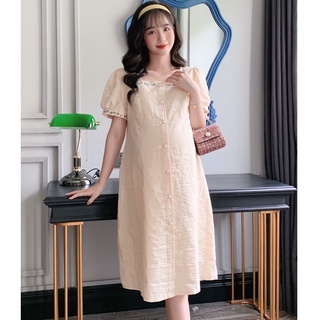 MEDYLA - Đầm bầu dự tiệc mùa thu xinh thô đũi thêu hoa lót lụa cho bầu mặc trong và sau sinh - VS824