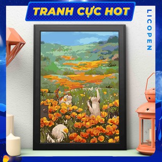 [CÓ SẴN] Tranh Tô Màu Theo Số Licopen - Tranh Rừng hoa và mèo - MS334