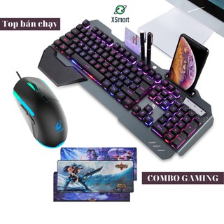 Bộ bàn phím và chuột kèm lót chuột siêu to chơi game làm việc cực đỉnh, combo full LED đổi màu K618+V7+ lót lớn