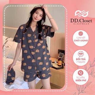 Bộ đồ ngủ pijama nữ cộc tay quần đùi chất lụa Kate Thái mềm mịn màu đen họa tiết gấu vàng siêu xinh - CD0019