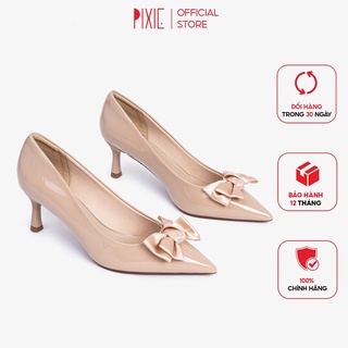 Giày Cao Gót 5cm Đế Nhọn Da Bóng Nơ Vải Pixie X567