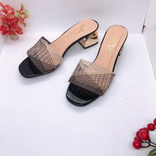 Dép Nữa Cao Gót 5p Quai Bảng Lưới Gót Đồng