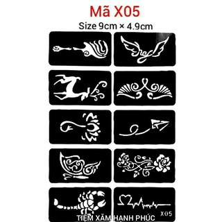 Khuôn hình xăm tạm thời gồm 10 hình xăm giả mã X05  (không bao gồm mực xăm tạm thời)