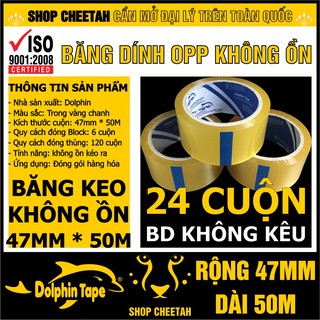24 Cuộn Băng dính không kêu Dolphin –  Kích thước: 47mm x 50M – Băng dính OPP kéo dán sử dụng không kêu sột soạt