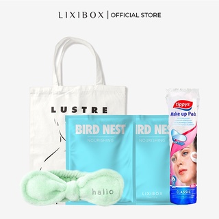 [HB Gift] Combo Băng đô Halio xanh, Bông tẩy trang Tippys, Túi vải Lustre và 2 Mặt nạ Lixibox - Bird nest