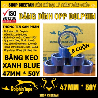 Block 6 cuộn băng dính OPP dài 50Y màu Xanh dương – Băng dính Dolphin – Chuyên dùng cho đóng hàng – Đóng gáy sổ sách