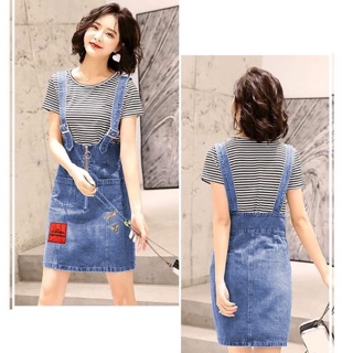 Yếm jean nữ wash cào phối dây kéo logo xinh