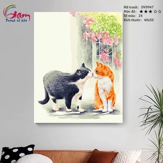 Tranh tô màu theo số sơn dầu số hóa Gam Tranh đôi mèo Mèo đen và mèo vàng DV0947