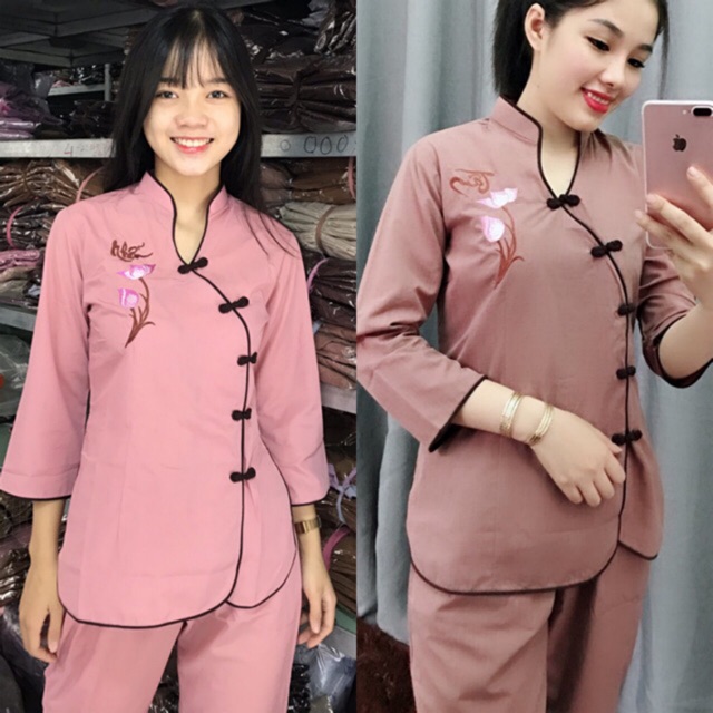 Đồ bộ đi chùa.đồ lam nữ vải kate cổ tàu xéo thêu thư pháp size 40-67kg