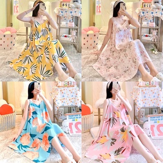 Váy lanh Quảng Châu hai dây họa tiết trẻ trung, thời trang