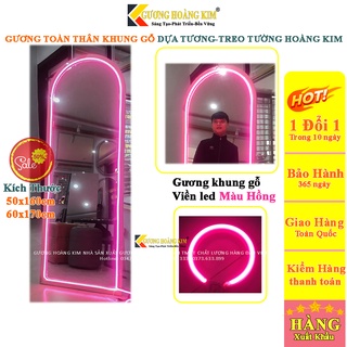 Gương soi toàn thân đèn led khung gỗ mái vòm có chân di động dựa tường treo tường giá rẻ - guonghoangkim mirror KG0001