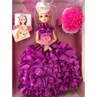 Hộp Búp bê cô dâu váy tím, mắt thủy tinh, khớp
