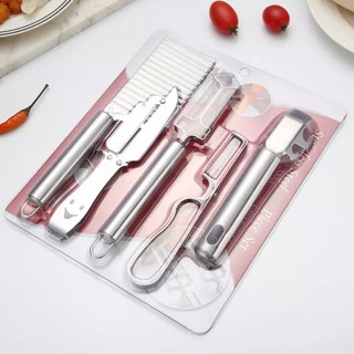[ĐA CÔNG DỤNG] Bộ 5 dụng cụ cắt sóng, bào, gọt rau củ quả siêu tiện lợi bằng inox. Bộ dụng cụ 5 chi tiết inox cắt gọt