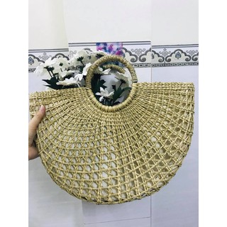 Túi cói hình bán nguyệt có vải lót