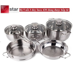 BỘ NỒI 5 MÓN INOX 3 ĐÁY FIVESTAR (NẮP KIẾNG) bảo hành 5 năm