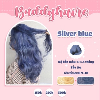 Thuốc nhuộm tóc màu Silver Blue / Xanh khói / Xanh ánh khói của Buddyhairs tặng kèm 1 hộp tẩy 50K, găng tay, mũ trùm