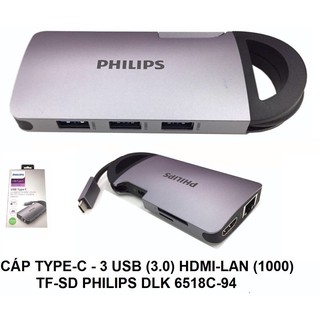 Cáp chia Type C sang 3 USB 3.0 + HDMI 4K + khe đọc thẻ micro SD + SD + Lan Gigabit DLK 6518c/94 8 in 1