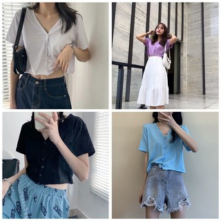 Áo croptop nữ tay ngắn form rộng cài cúc UNI cổ V Ảnh thật