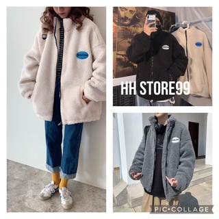 Áo khoác nỉ dài tay lông xù logo thêu phong cách hàn quốc unisex Áo khoác nữ cổ cao có khoá kéo ulzzang freeship
