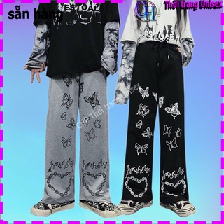SIÊU PHẨM  Quần Ống Rộng Nam Nữ Jogger In Hoa Nỉ da cá Dây Rút Ở Gấu - Kiểu quần ống rộng cạp cao Unisex