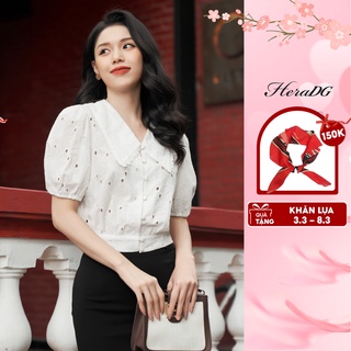 Áo Sơ Mi Công Sở Nữ HeraDG Thiết Kế Tay Bồng Kèm Cổ V Thêu Hoa Lá Tinh Tế, Chất Vải Thô Cao Cấp SAKBA038