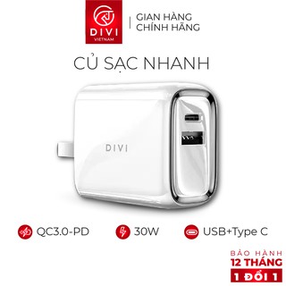 Củ sạc nhanh DIVI P2208 hỗ trợ PD, QC 3.0 Công suất 30W - USB 2.0 + Type C - Hàng chính hãng - Bảo hành 12 tháng 1 đổi 1