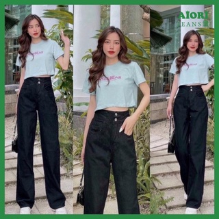 Quần Jean Nữ Aiori Ống Suông Lưng Cao 2 Nút Đen Xám Ống Rộng Lưng Kiểu Culottes, Quần Bò Nữ Cao Cấp_Mã 3422