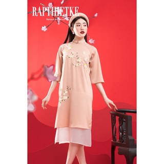RẬP - Áo Dài Hoa Đào Hồng Da Vạt Trắng - FREESIZE