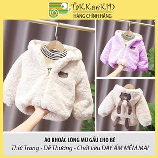 Áo Khoác Lông Mũ Thêu Gấu Cực Xinh Cho Bé Chát Liệu Lông 2 Lớp Cực Dày Ấm