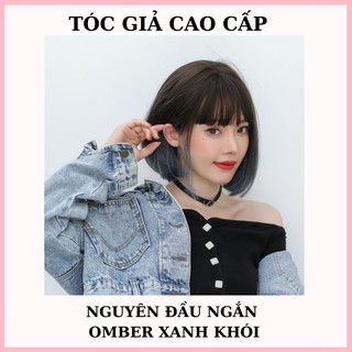 Tóc giả nguyên đầu ngắn omber xanh khói ❤️❤️FREESHIP❤️❤️ tóc giả ngắn
