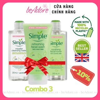 Combo Simple Tẩy trang 200ml + Sữa rửa mặt 150ml + Nước hoa hồng 200ml cho da sạch khỏe đàn hồi