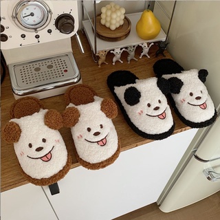 Dép cún bông cute lè lưỡi viền nâu đen tạo cảm giác ấm cúng phù hợp đi trong nhà hoặc trong văn phòng