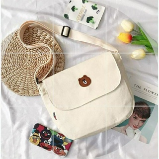 Túi đeo chéo đi làm, đi học đẹp, giá rẻ, vải canvas - GẤU BROWN THÊU 2