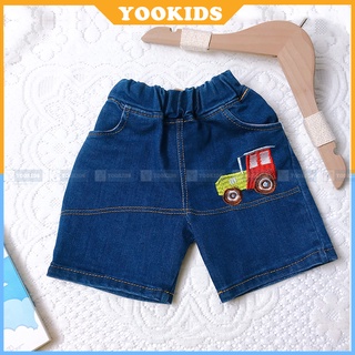 Quần Jean Bé Trai -SALE- Quần Short Bé Trai &amp; Bé Gái Chất Bò Jean Mềm Thêu Xe Size 7 - 18kg Đủ Size Cho Bé 0 - 6 Tuổi