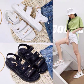 Sandal nữ 3 quai CNel 2 màu đen &amp; trắng, thiết kế quai ngang đế bằng, phong cách hàn quốc, mẫu dép quai hậu nữ hot 2020