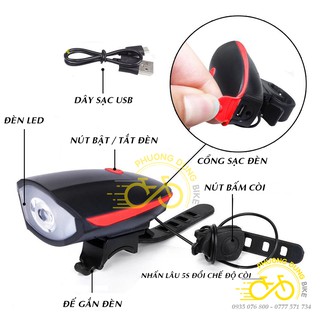 Đèn xe đạp - Đèn kèm còi xe đạp sạc USB