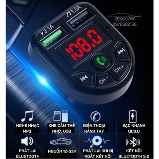 Tẩu, Cốc Sạc MP3 Dành Cho Ô Tô Kết Nối Bluetooth, Nghe Nhạc, Sạc Pin, Điện Thoại Rảnh Tay