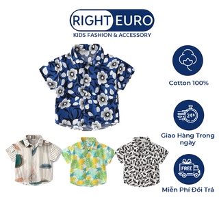 Áo Sơ Mi Đi Chơi Cho Bé RIGHT EURO Áo Cộc Tay Họa Tiết Hoa Lá Chất Cotton Xuất Âu Mỹ 035