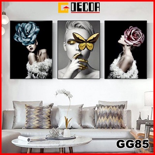 Tranh treo tường canvas khung gỗ 3 bức phong cách hiện đại Bắc Âu tranh cô gái trang trí phòng khách phòng ngủ spa 85