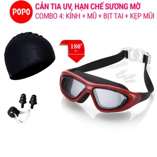 Kính bơi người lớn tầm nhìn rộng 180 độ kèm mũ bơi trơn, bịt tai kẹp mũi POPO cản tia UV chống sương mờ