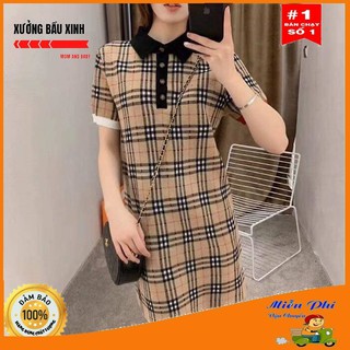 Váy bầu thời trang thiết kế kẻ caro M168 chất đũi hàn freesize từ 45 đến 70kg
