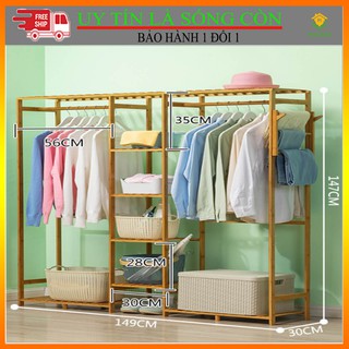 [QUÀ TẶNG MÓC 9 LỖ] Giá kệ treo quần áo đa năng bằng gỗ tre dùng treo túi xách áo khoác balo tiện lợi