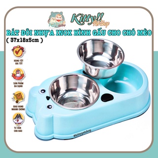 Bát ăn đôi nhựa inox hình gấu dành cho chó mèo, bát ăn, chén ăn đôi inox, bền đẹp, chống lật - Kitty Pet Shop BM
