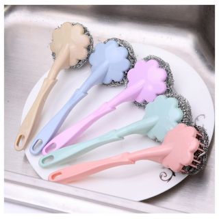 Cây cọ bùi nhùi sắt rửa bát xoong nồi chảo làm sạch vết bẩn có cán tay cầm bằng nhựa bền